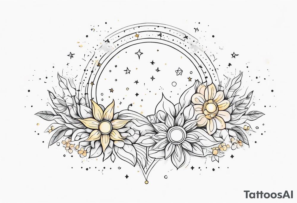 fine line with sun, stars, floral, dots. Sternum tattoo tattoo idea