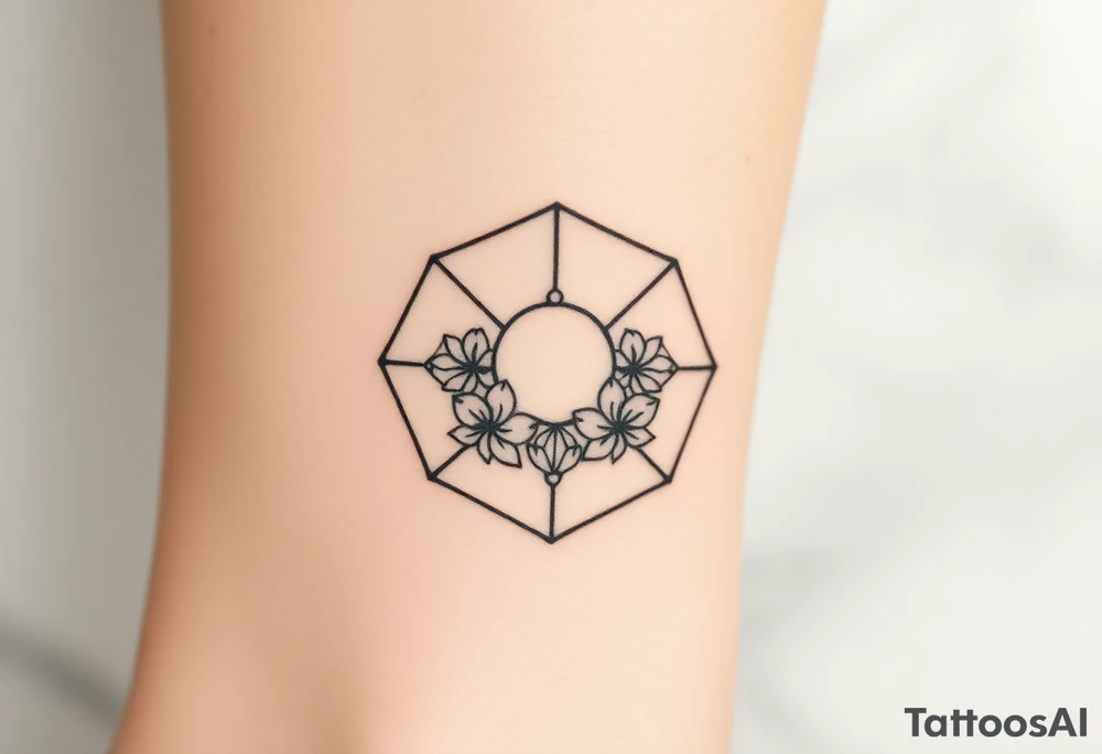 Hexagon with astrological sign for Leo, larkspur and water lilies in the center tattoo idea