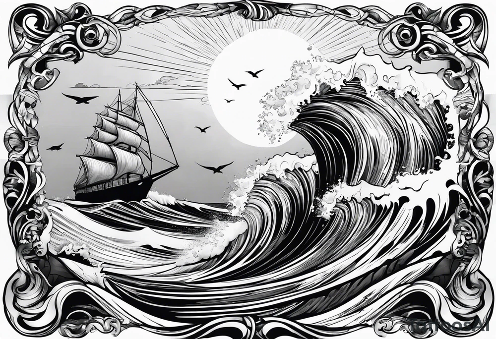 Poseidon im Meer mit Windsurfer und Wellen im Hintergrund tattoo idea