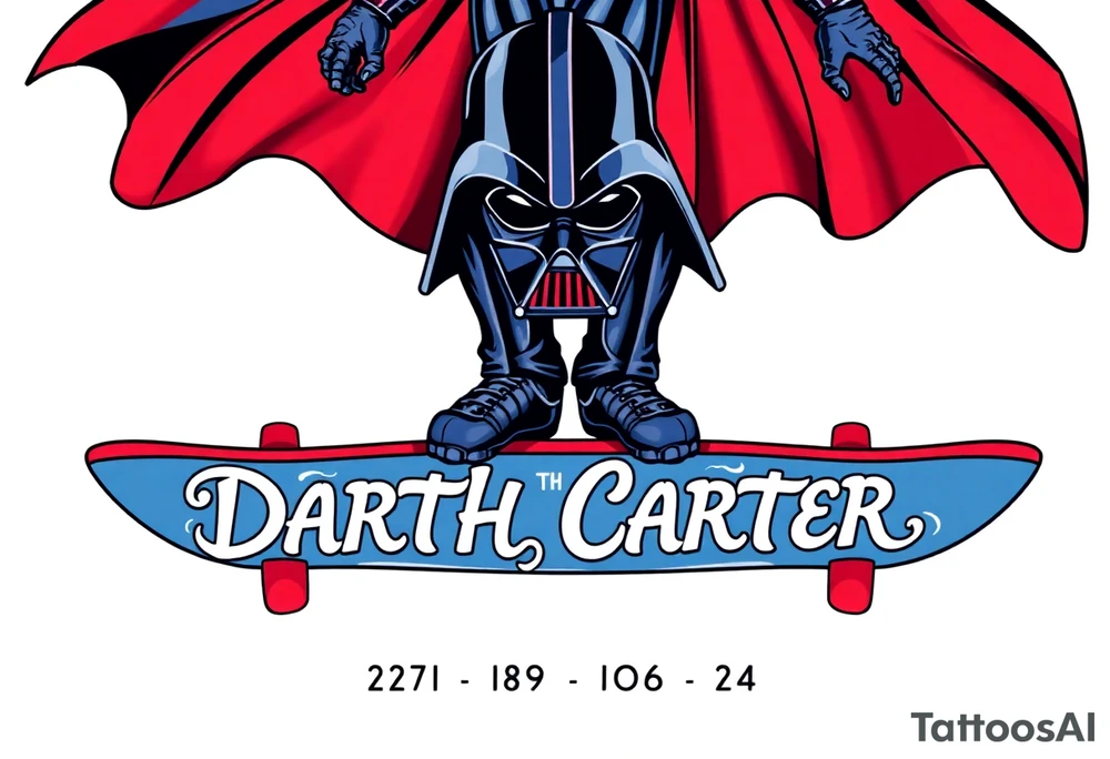 Darth Vader skateboarding >
blue & red
skateboard say "Darth Carter"
12/29/88-01/06/24 tattoo idea