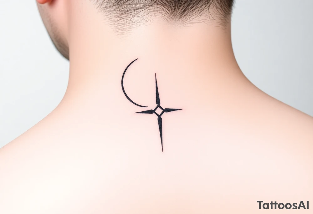 A minimalist crescent moon neck tattoo positioned just behind the ear. The crescent moon is thin and curves to the left. A sharp vertical line extends downward from the inner curve of the moon, intersecting with a symmetrical starburst shape at the center of the line. The starburst has four points — the top and bottom points are elongated, while the horizontal points are shorter, giving it a sleek and modern look. The design features clean, thin lines with a slightly hand-drawn feel, combining celestial and geometric elements. The tattoo follows the natural curve of the neck, giving it an elegant and balanced appearance. tattoo idea