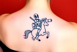 Deadpool riding unicorn pointing rocket propelled grenade launcher tattoo idea