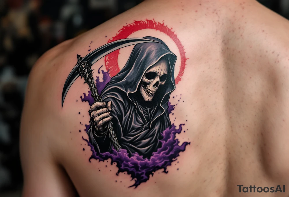 A Reaper with a red halo and an obsidian-black scythe cutting through a purple mist. tattoo idea