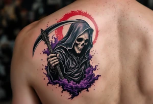 A Reaper with a red halo and an obsidian-black scythe cutting through a purple mist. tattoo idea