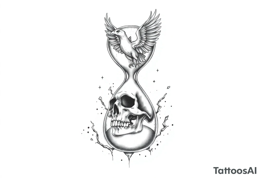 A cracked hourglass with the sands forming a skull below and a phoenix rising from the top. tattoo idea