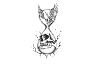 A cracked hourglass with the sands forming a skull below and a phoenix rising from the top. tattoo idea