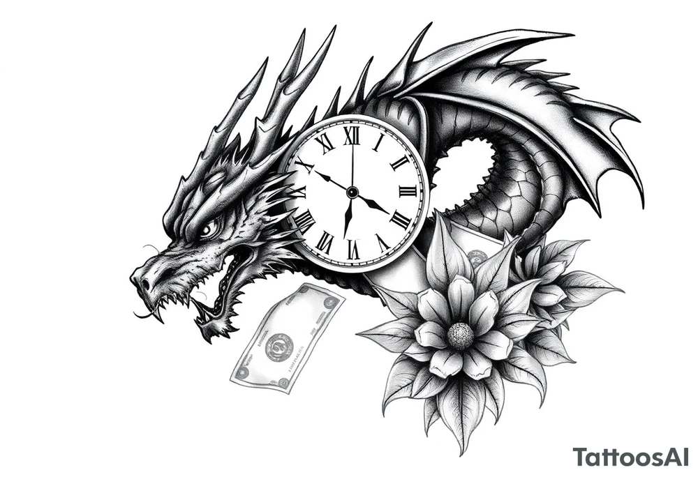 Dark dragon tattoo with clock, dollars and palms on background tattoo idea