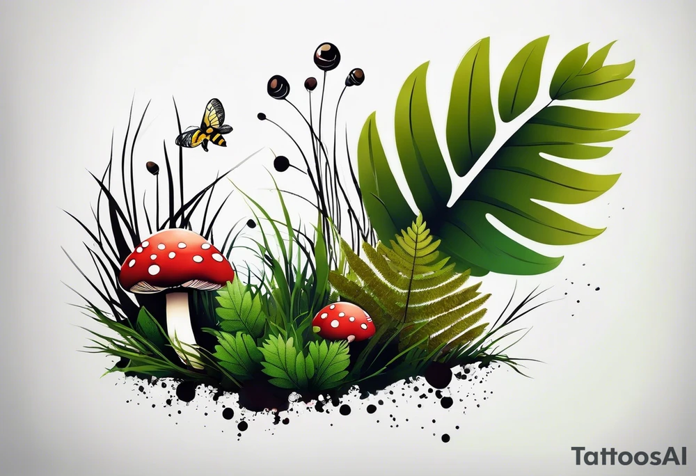 minimalistic forest floor inspired tattoo, which includes grass, moss, curly ferns and dead leaves as the bulk of the tattoo. details to include: forest berries, couple of very small brown mushrooms, a tiny bumblebee flying nearby tattoo idea