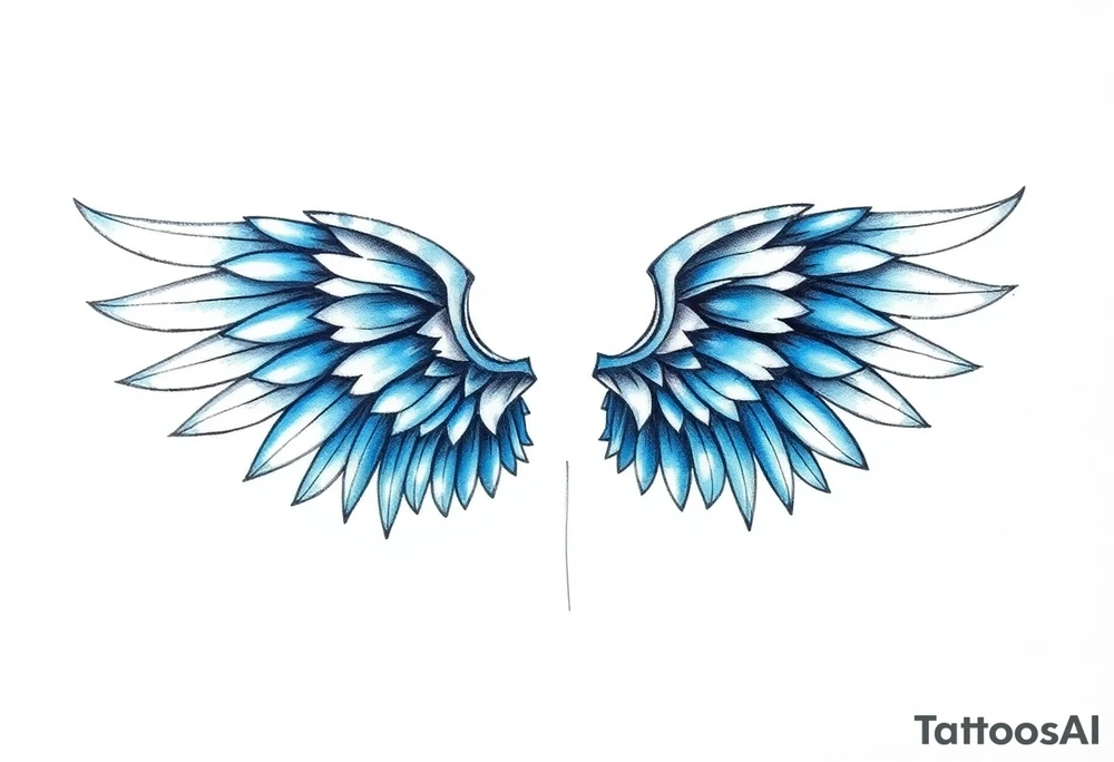 A minimalist wings tattoo that represents a shattered and betrayed gemini woman who fought hard throughout this year. With colors blue and black. Make it unique and rare. Without leaves and stem. tattoo idea