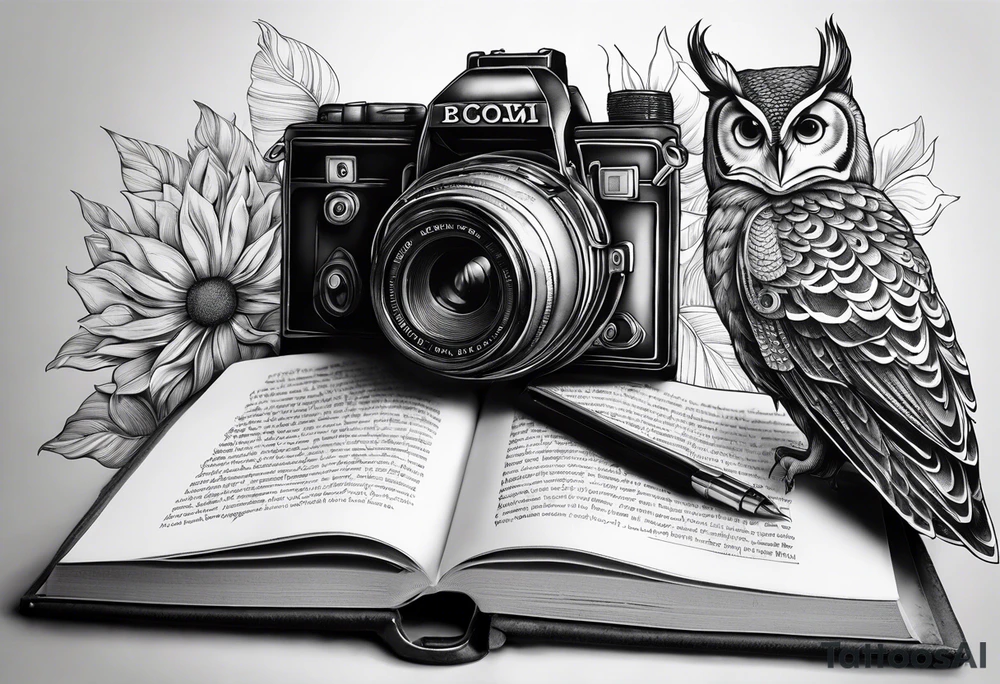 Sunflower, camera, book, peacock, owl tattoo idea