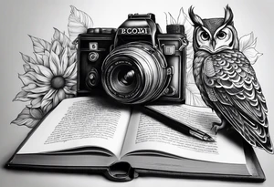 Sunflower, camera, book, peacock, owl tattoo idea
