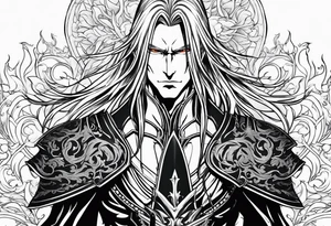 Sephiroth surrounded by flames with his sword and full armour tattoo idea