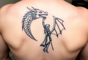 Dragon rider girl in armor standing before her dragon, touching its head tattoo idea