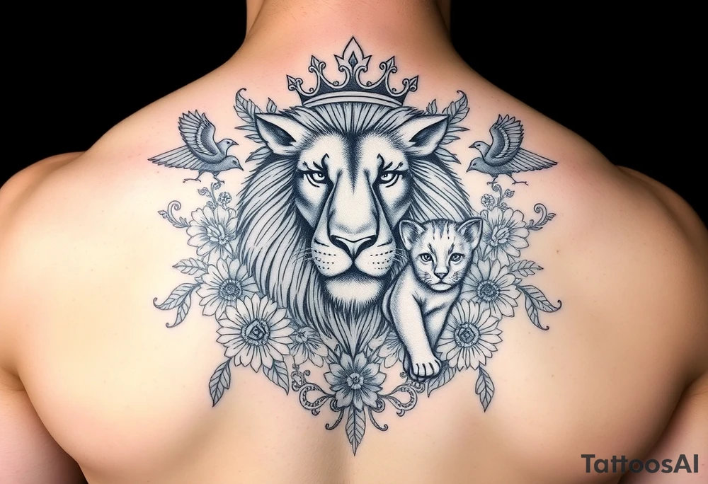 powerful majestic lion and cub with a crown, surrounded by floral ornaments and birds tattoo idea