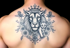 powerful majestic lion and cub with a crown, surrounded by floral ornaments and birds tattoo idea