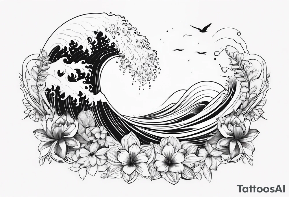 wave,, flower, palm, sea animal tattoo idea