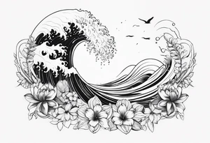 wave,, flower, palm, sea animal tattoo idea