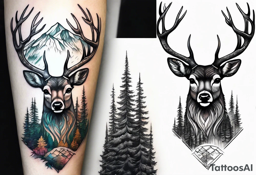deer head mountain forest tattoo idea