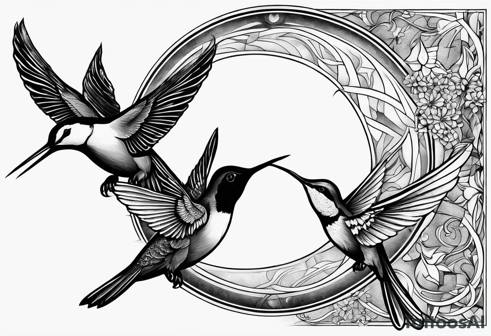 Symbols, double triangle, unclosed delta, crescent moon, hummingbird tattoo idea