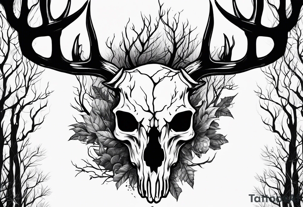 A scary decayed deer skull head human body with flames and trees tattoo idea