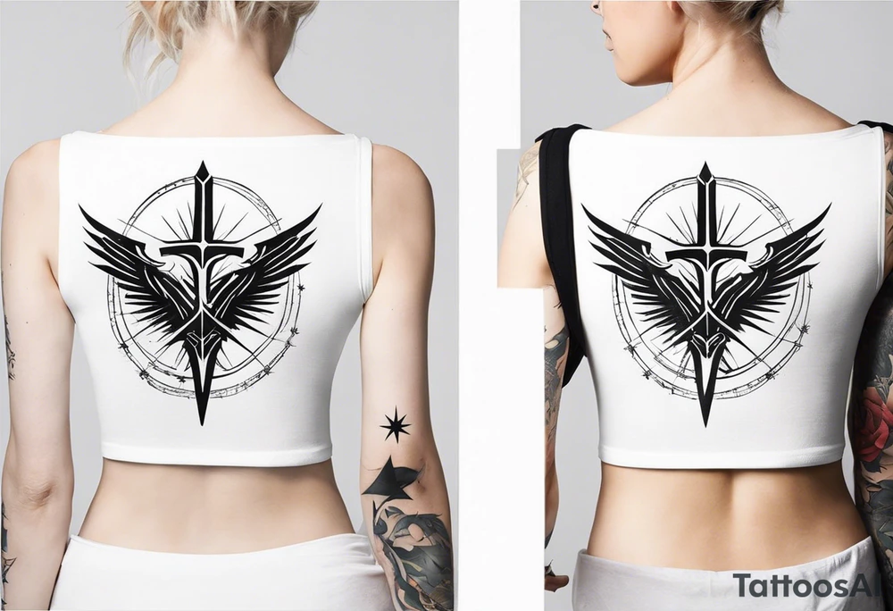 complete upper arm sleeve. Feature three mountain side by side, with 3 stars above them from a court of thorns and roses. crossed swords, integrating with abstract, sword patterns that evoke the Valkyrie spirit like nesta from a court of silver flames. Keep the design in clean, simple lines. tattoo idea