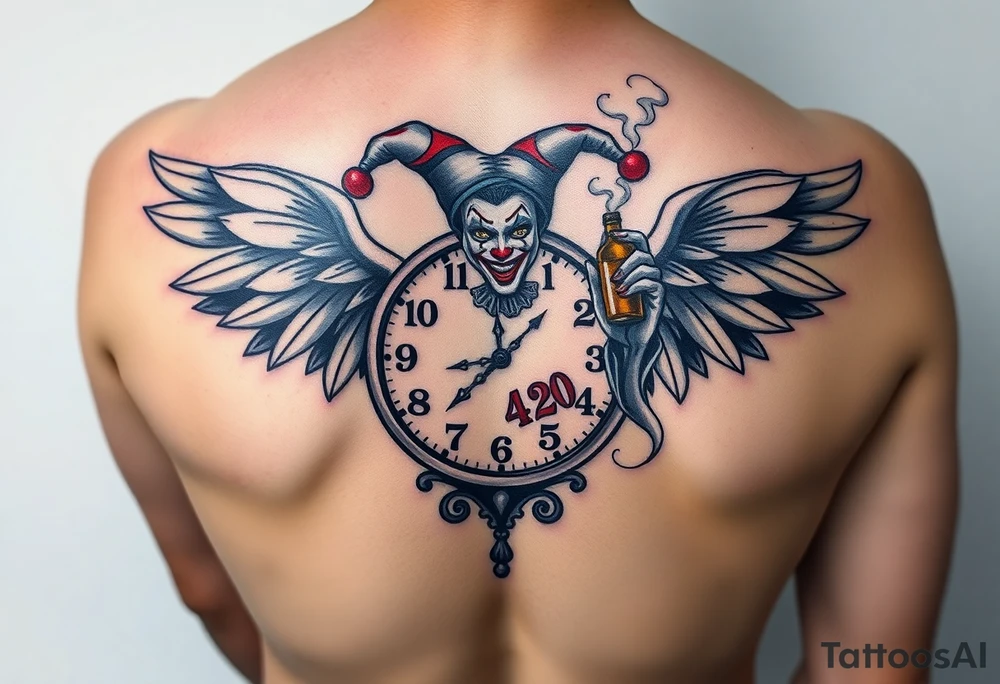 a jester clown floating in smoke with a  clock, the time says 420,  with two open wings besides the clock, smoke as the spring rising from the clock, a jester clown coming out the smoke, smoking in one hand with a liquor bottle on the other hand tattoo idea