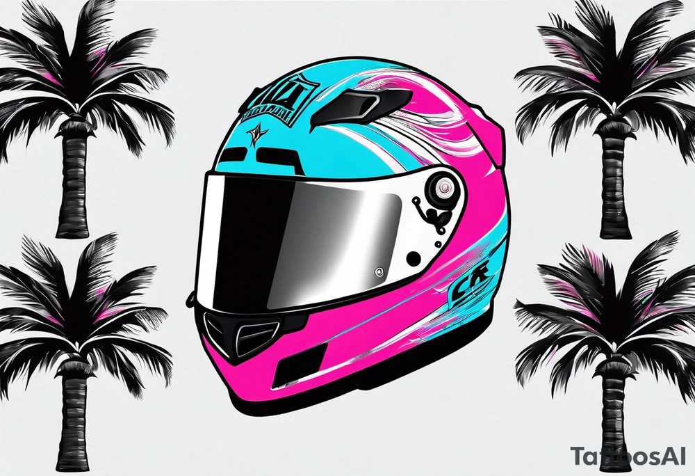 Formula 1 helment with a palm tree and black pink and light blue color tattoo idea