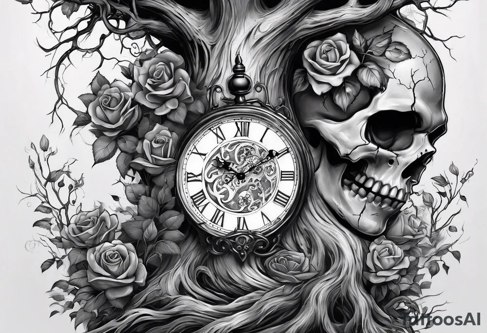 tattoo fool sleeve, tree roots break out of the chains, broken mask, clock with flying numbers, girl and skull, roses tattoo idea