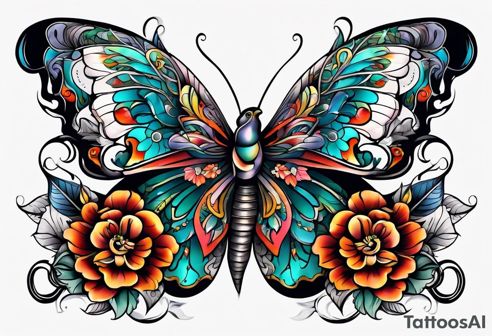 vintage colorful floral print tattoo idea