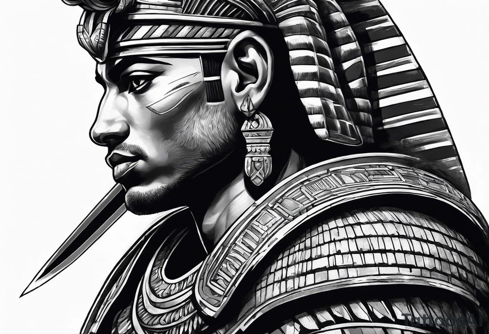 realistic egyptian warrior in profile with a sword in his hand. tattoo idea