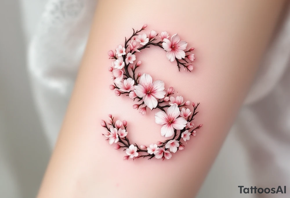 A cherry blossom-covered "S" with pale pink flowers and brown branches. tattoo idea