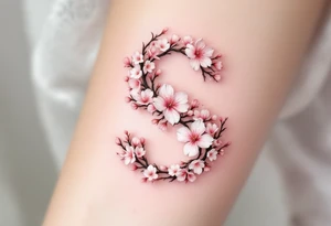 A cherry blossom-covered "S" with pale pink flowers and brown branches. tattoo idea