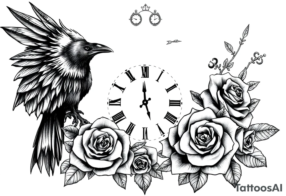 raven,roses,clock. tattoo idea