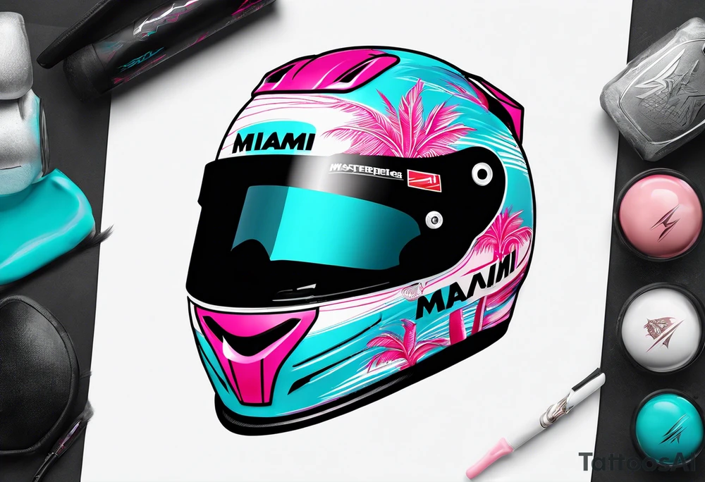 Formula 1 Helment with the Miami logo a palm tree and pink black and light blue colors tattoo idea
