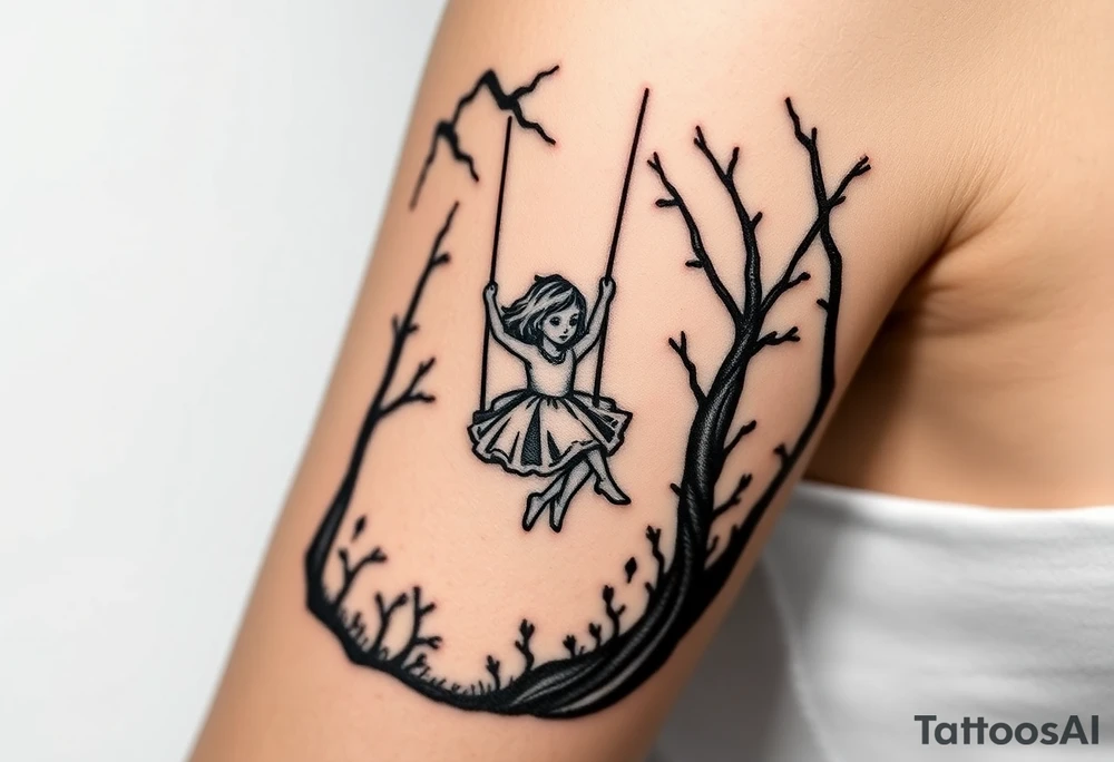 Little girl swinging in a dark scary forest tattoo idea