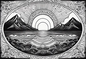 Mandala inspired Sunrise in Front of a night Sky. Mountain rage and sea Waves tattoo idea