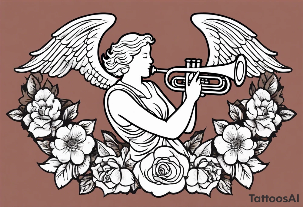 angel with trumpet
old school vintage simple traditional design with vintage flowers surrounding it bold color tattoo idea