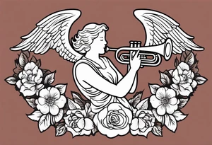 angel with trumpet
old school vintage simple traditional design with vintage flowers surrounding it bold color tattoo idea