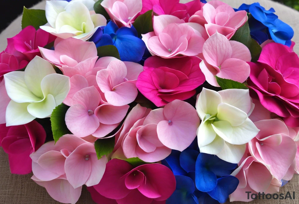 based on my wedding flowers for my wrist:Light pink hydrangea petals, white hydrangea petals, deep blue hydrangea petals, hot pink hydrangea petals, baby pink roses, hot pink roses, light pink stargazer lilies. With some purpley/bluey delphinium petals and tiny white and light pink flowers. With leaves weaving between them all and festoon and fairy lights around the outside, giving the flowers a glow. tattoo idea