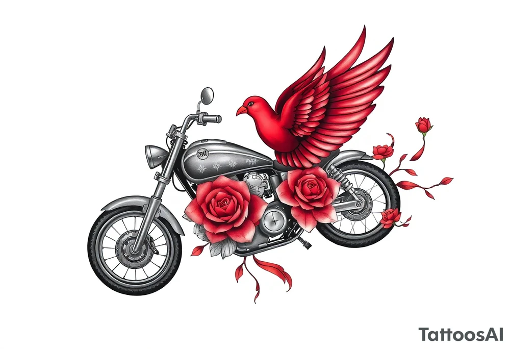 Motorcycle, red bird flying, roses and lace, flames tattoo idea