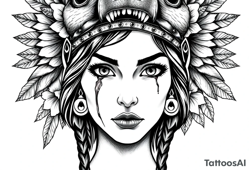Symmetrical Beautiful Woman, looking forward, with colored eyes, shedding a tear, with battle scars and blood on face, with soft look, wearing a mean looking bear headdress on head, with flower background tattoo idea