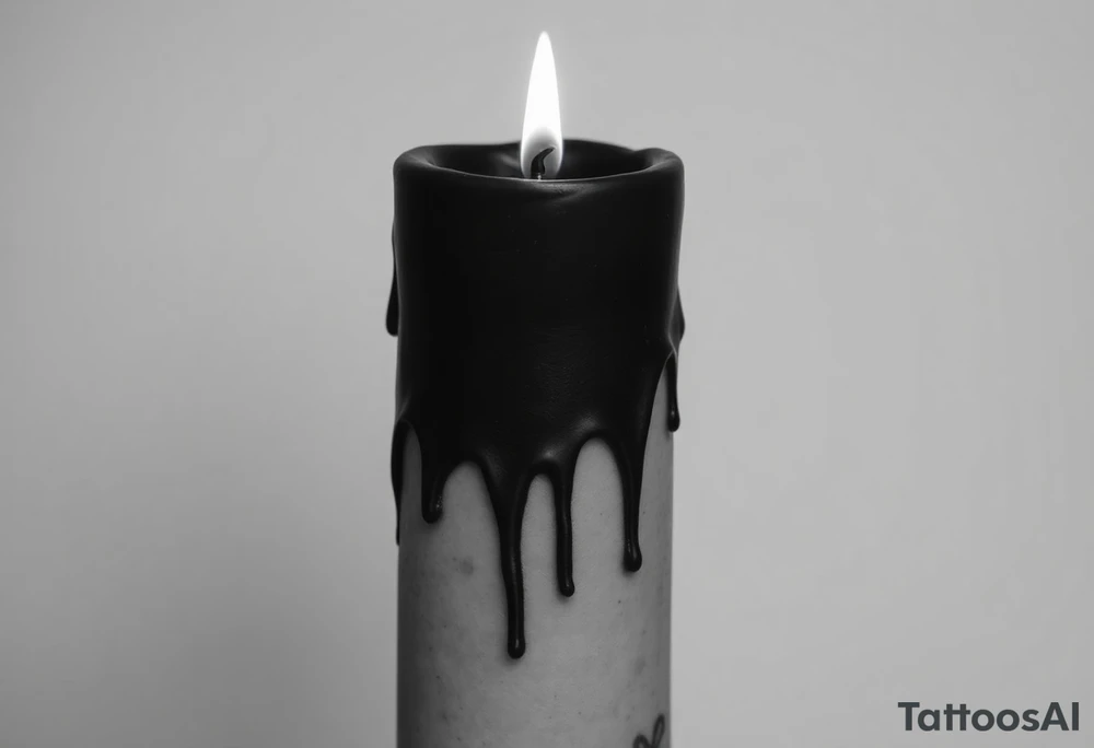 A candle burned almost all the way down, short and nearly spent, heavy
melted wax pooling and dripping down a thick, heavy, solid candle body.
The flame has just gone out — only a single thin, fragile, wavering
thread of smoke rises from the wick, with one tiny dim ember still
faintly glowing. Strong and heavy where the candle stands, delicate and
almost vanishing where the smoke fades. Somber, melancholic, quiet and
lonely, a sense of loss and fragility, lots of empty dark space around
it. Heavy solid blacks contrasted with a thin dying wisp. tattoo idea