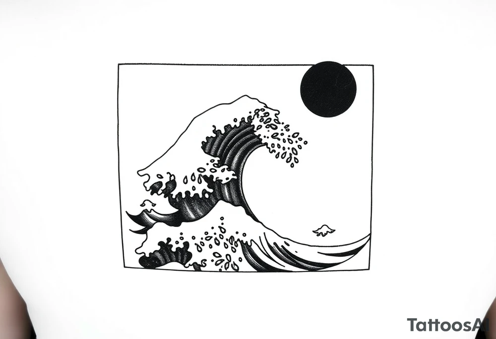 Black and white tattoo design in a vertical rectangular frame, sized to fit the upper arm. Inside the border, feature a dramatic Hokusai-style wave as the central focus, with intricate detailing and texture. Include expressive water droplets around the crest and spray of the wave, similar to traditional Japanese woodblock prints. In the top right or left corner, place a solid black or partially shaded sun for contrast. Use black ink thoughtfully—avoid overly large solid black areas; instead, emphasize fine linework and layered shading to give the piece depth without overwhelming the composition. The overall aesthetic should be bold yet elegant, with a clean, framed silhouette suitable for a modern tattoo. tattoo idea