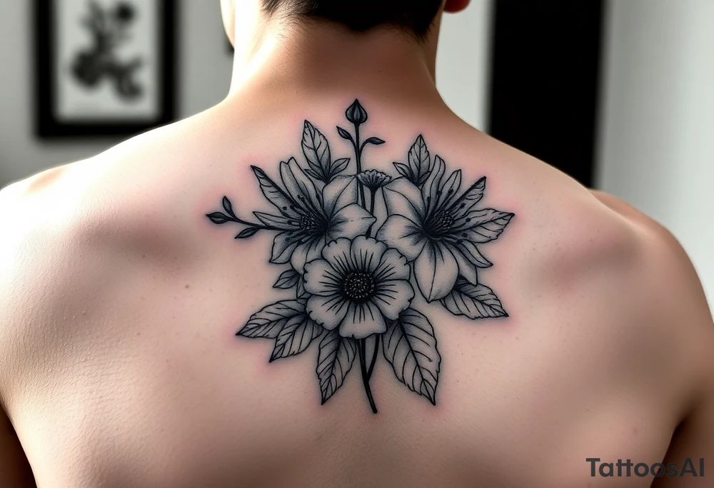 Color Flower tattoo with violets and chrysanthemum tattoo idea