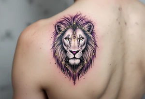 The Leo zodiac symbol in gold at the heart of a purple-hued lion formed by fine white star constellation lines across the shoulder blade. tattoo idea