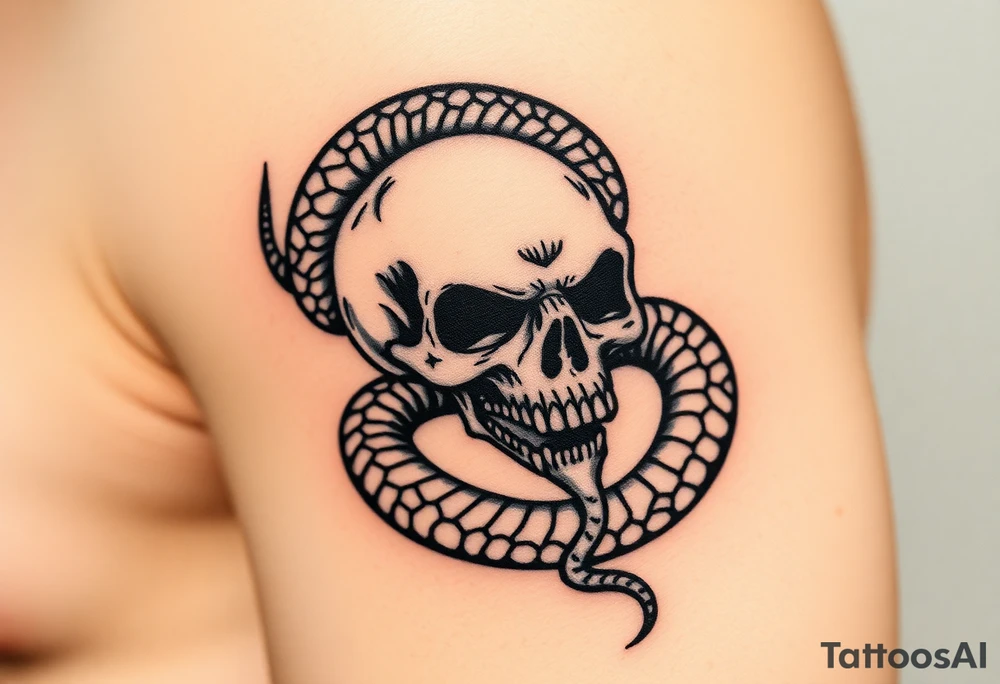 A hyper-realistic Dark Mark, with the snake slithering around the skull, coiled in a hypnotic pose tattoo idea