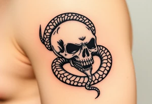 A hyper-realistic Dark Mark, with the snake slithering around the skull, coiled in a hypnotic pose tattoo idea