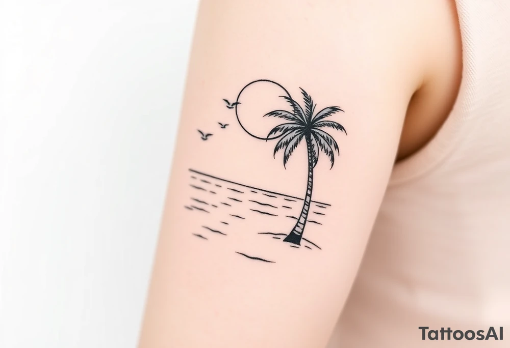happy, peaceful, serene, timeless, ocean, sand, palm tree, seagulls, sun, subtle, masculine tattoo idea