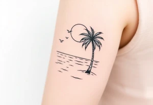 happy, peaceful, serene, timeless, ocean, sand, palm tree, seagulls, sun, subtle, masculine tattoo idea