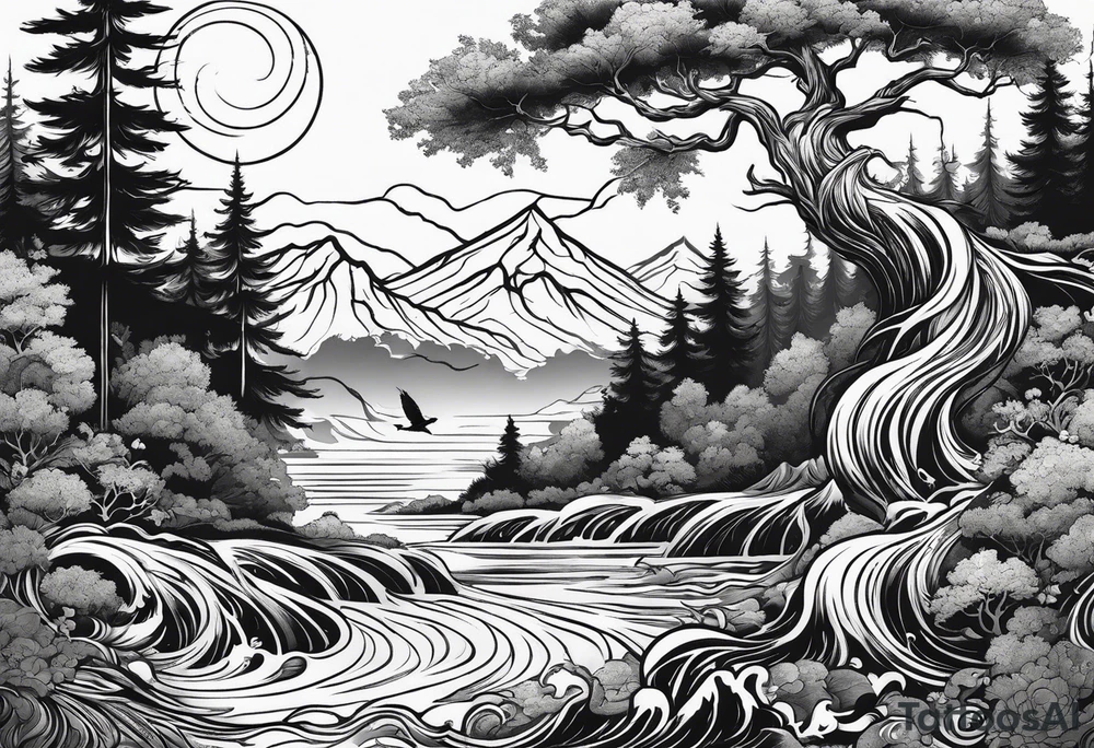 forest with water flowing and phoenix and roots and waves and three birds tattoo idea